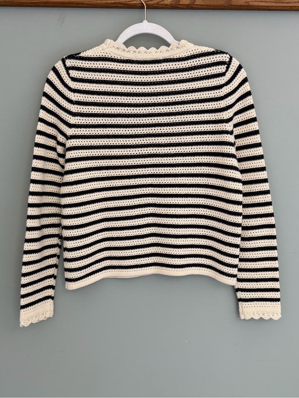 Boden 100% Cotton Scallop Neck Crochet Navy Cream Long Sleeve Knit Sweater - Picture 10 of 17